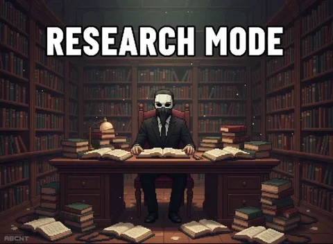 A person researching in a library under the text “Research Mode.”