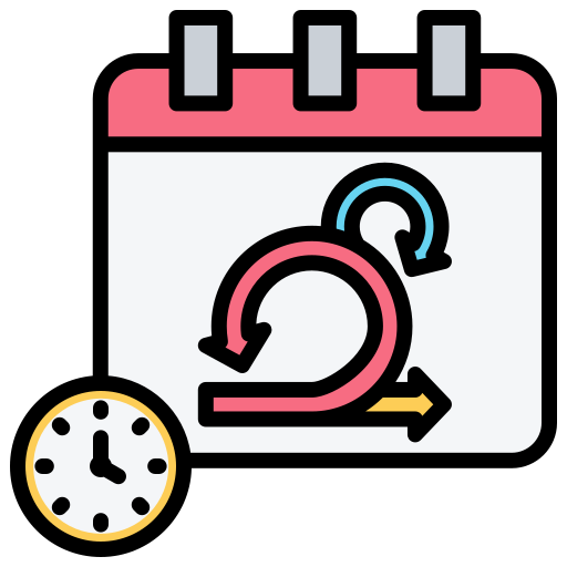 Calendar with the scrum symbol inside it and a small clock beside it.