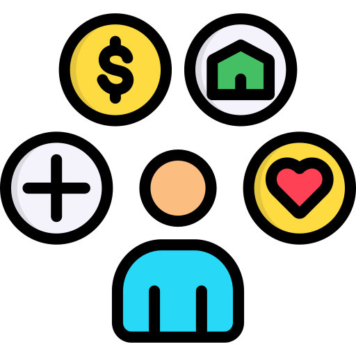 Person with a hert house money and plus sign over them Icon