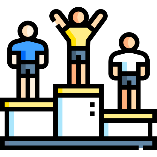 An icon image of three people standing on podiums, with the winner in the middle with their arms raised