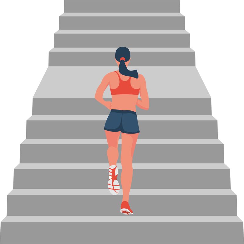A woman running up the steps.
