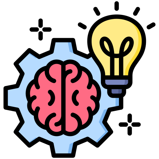 An icon of a cogwheel, brain, and lightbulb