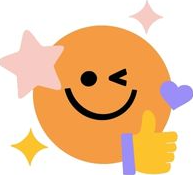 Happy, winking emoji giving a thumbs up, surrounded by stars, sparkles, and a heart. 