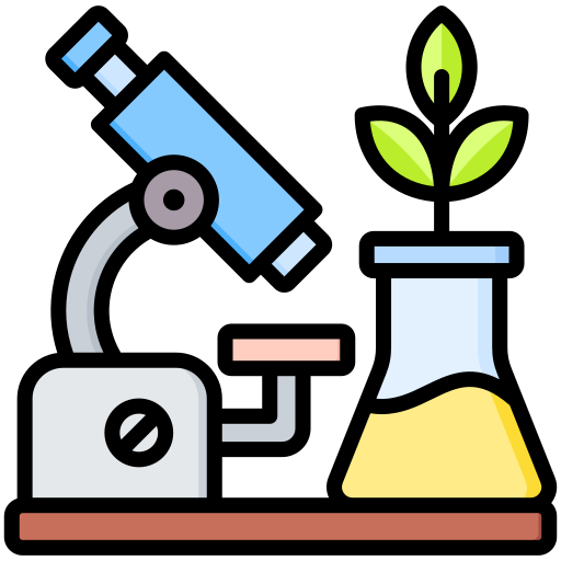 Icon of a microscope examining a seedling in a beaker.