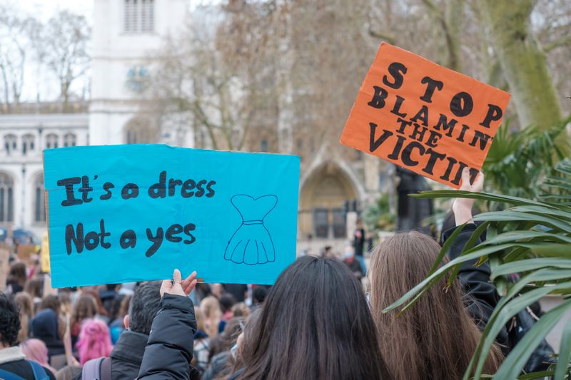 A picture from a mass female protest with flashcards reading 'STOP BLAMING THE VICTIM' and 'Its a dress, not a yes'.