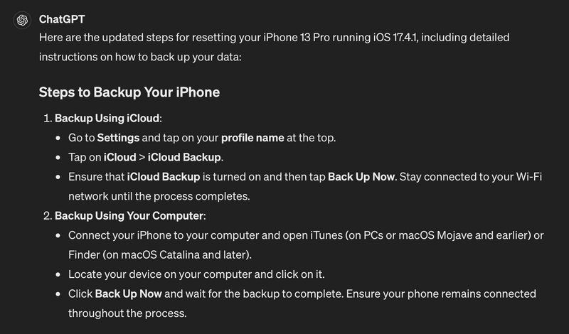 The steps to back up an iPhone running iOS 17.4.1, generated by ChatGPT (audio description available below).
