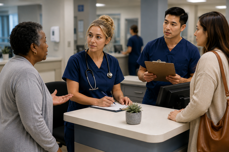 A healthcare worker at a nurses’ station responds to a patient, coworker, and concerned family member.