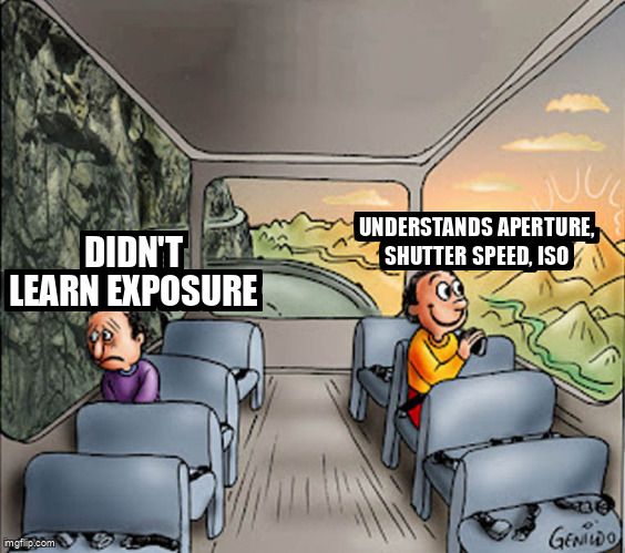 Two people sitting on a bus. One is sad because they didn't learn about exposure, the other is happy for learning. 