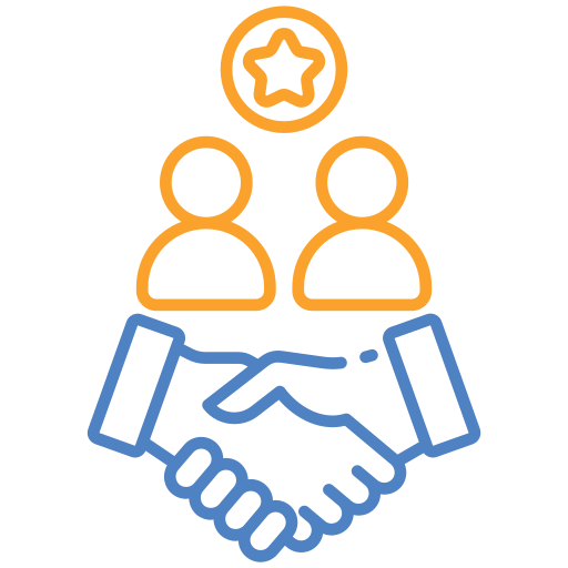 Icon: Outline of two people with a star above them, underneath a handshake symbol