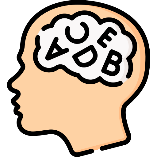 Icon of silhouette head with jumbled letters in brain