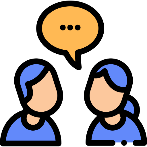 Clip art of two people facing each other and talking. A gold speech bubble floats above one of the people.