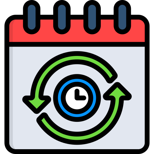 a calendar with 2 semi circle direction arrows surrounding a clock