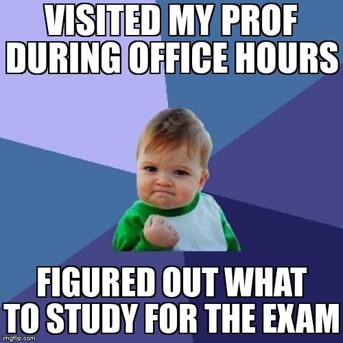 A person saying, 'Visited my prof during office hours. Figured out what to study for the exam.'