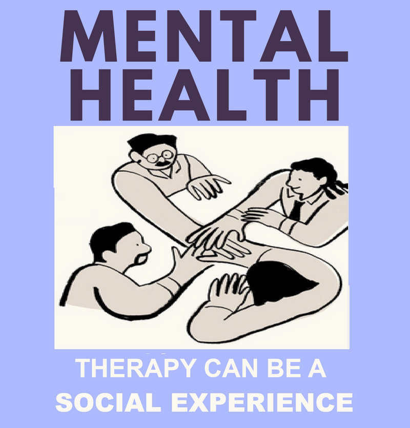 A group of people in therapy together. The text reads: 