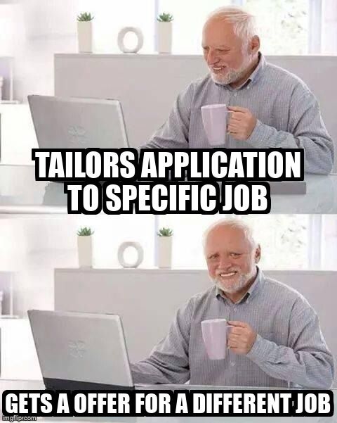 Man smiling with text, 'Tailors application to specific job.' Same man, grimacing, read 'Gets offer for different job.'