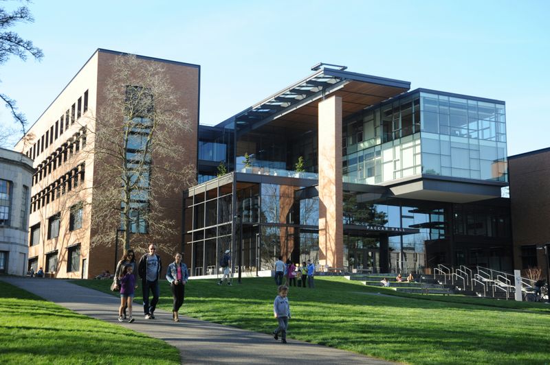 A university campus. Students are walking outside the building.