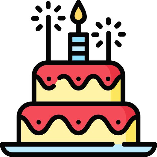 Layered birthday cake with candles on top icon