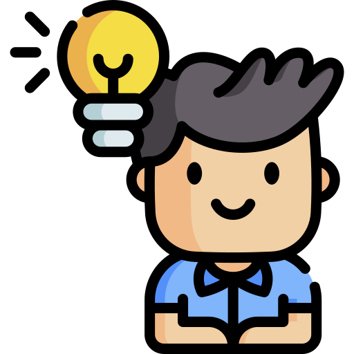 Smiling child with a light bulb over his head, to indicate thought.