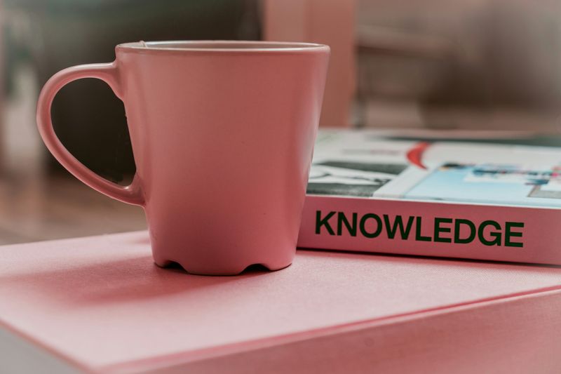 A pink mug beside a book titled 'Knowledge'.