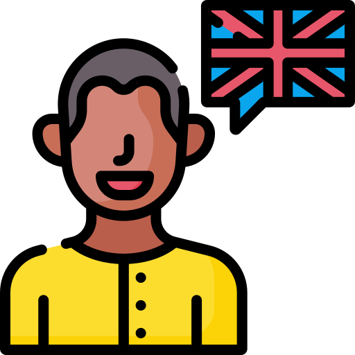 Icon of a man with a british flag next to him to symbolize speaking English