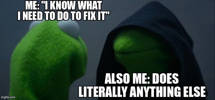 One Kermit the Frog faces another. Text: "Me: 'I know what I need to do to fix it.' Also me: does literally anything else."