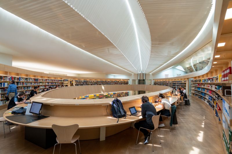 Students studying in a library.