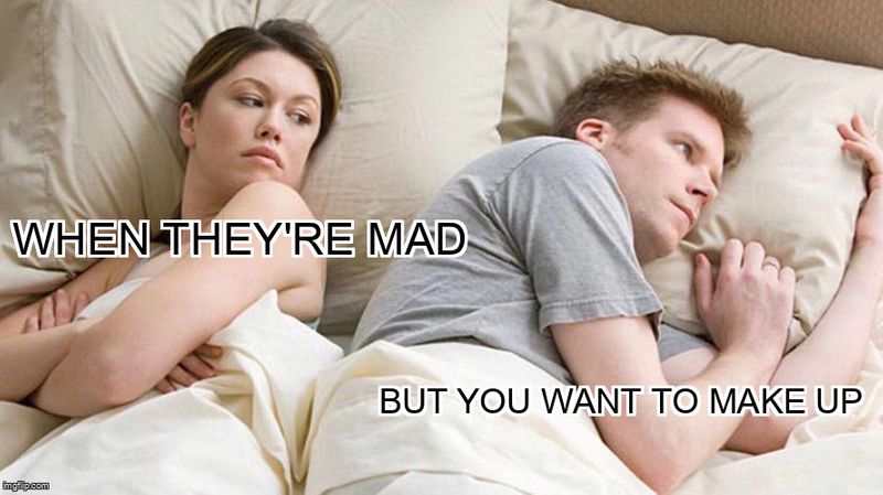 A couple in bed after a fight. One looking at the other with irritation. Caption: 