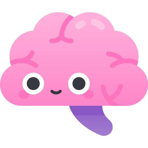 Cartoon drawing of a brain with a smiley face. Brain is pink with the brainstem represented in purple