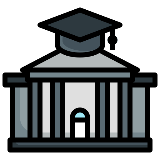 Flat icon of a grey university building with a black graduation cap on top of the building.