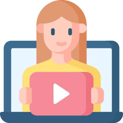 Woman popping out of a laptop, holding the YouTube logo