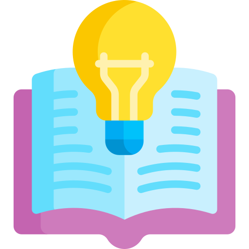 An icon with a lightbulb on top of an open book.