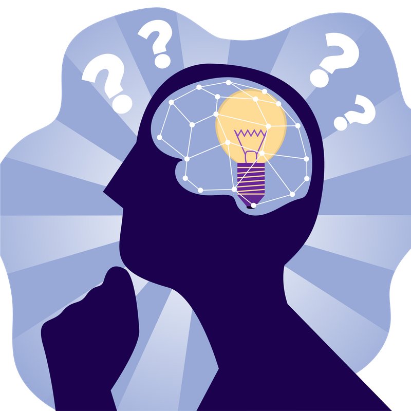 Silhouette of a person thinking with lightbulb in head and question marks surrounding the image. 