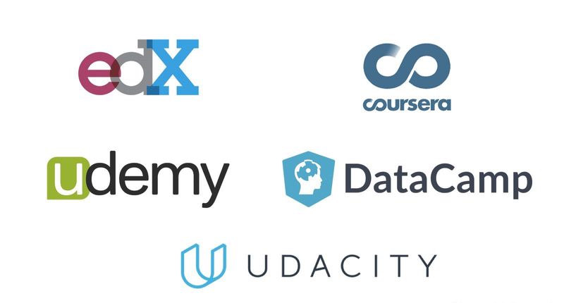 A series of logos for edX, Coursera, Udemy, DataCamp, and Udacity.