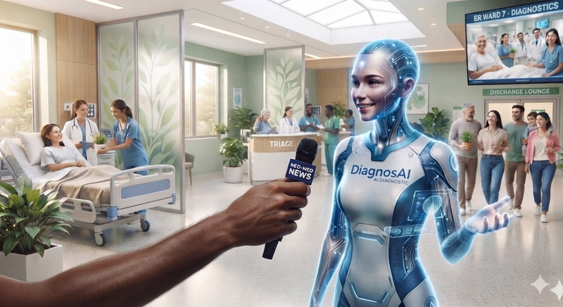 Against a backdrop of a busy hospital emergency room, a reporter is interviewing a personified AI used for medical diagnosis.