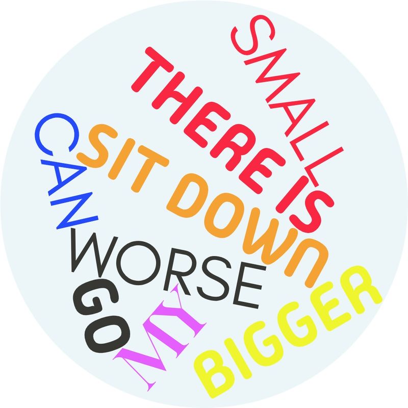 A word cloud featuring simple, everyday vocabulary (small, there is, sit down, bigger, etc).