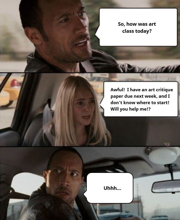 A young girl in a car asks the Rock if he can help with an art critique paper. He looks confused.