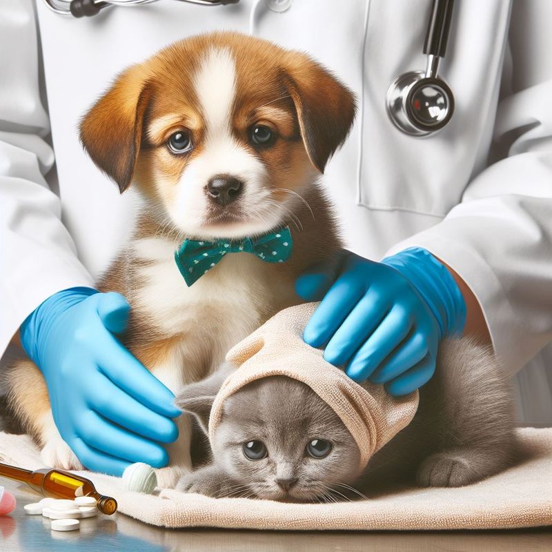 A sick puppy and kitten being comforted by a veterinarian in a white coat.