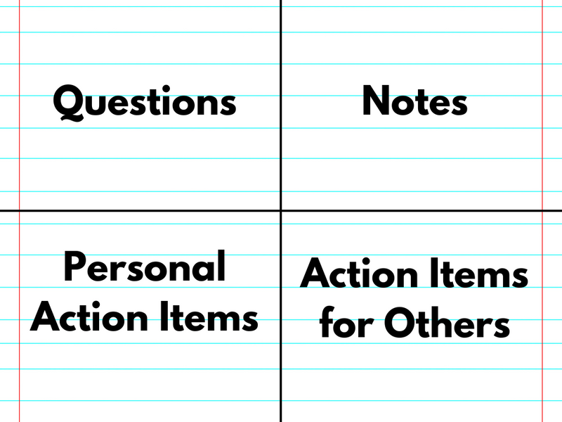 Paper divided into 4 sections: top L Questions, top R Notes, bottom L Personal Action Items, Bottom R Action Items for Others