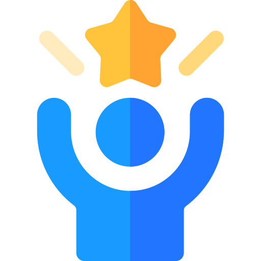 Blue outline of a person with hands up toward a yellow star.