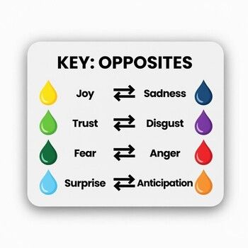 Opposite emotions: joy vs. sadness, trust vs. disgust, fear vs. anger, surprise vs. anticipation.