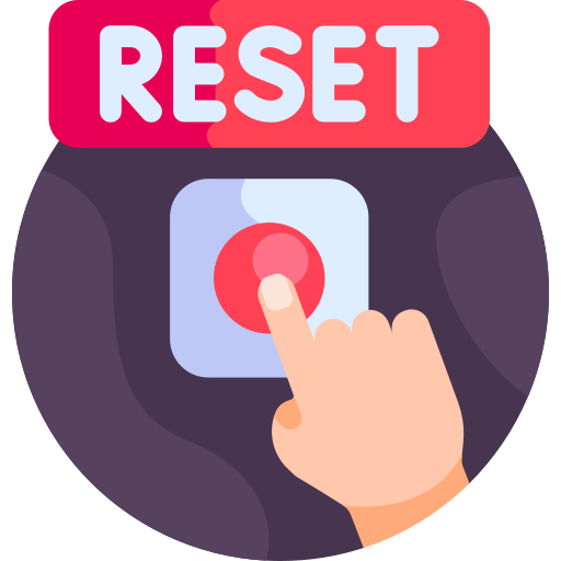 An icon of a hand pressing a red button with a caption above, reading 'Reset.'