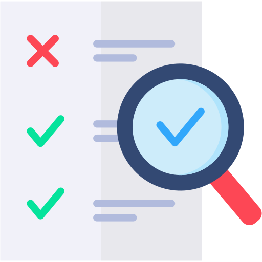 Checklist with a magnifying glass over it Icon