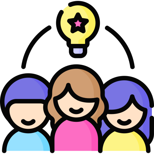 Icon: 3 people smiling in a group with a lightbulb above them that has a star inside 