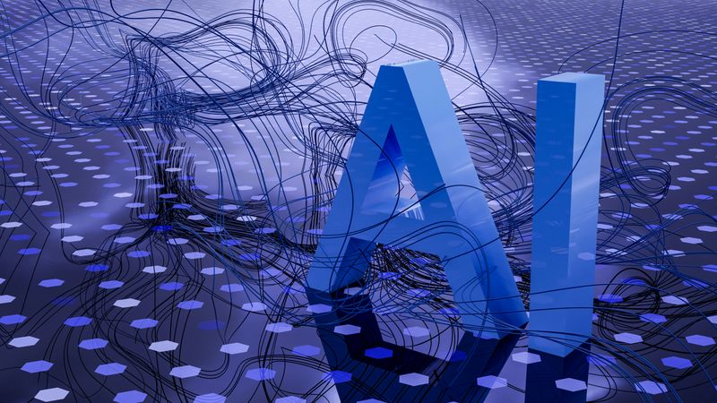 Big blue letters that spell 'AI', with purple polkadots in the background. Wire-like shapes curl around the letters.