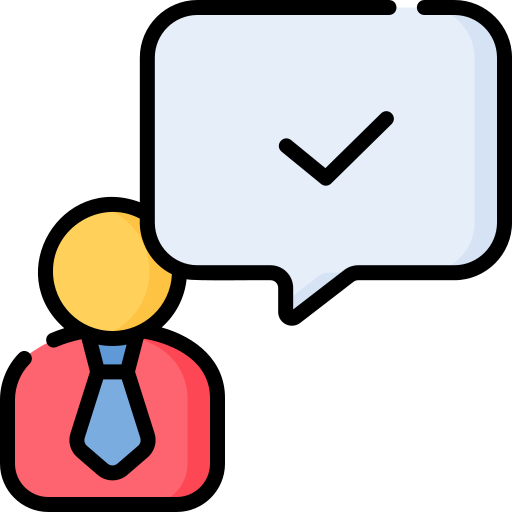 Stick figure wearing a red shirt and blue tie with a speech bubble containing a check mark