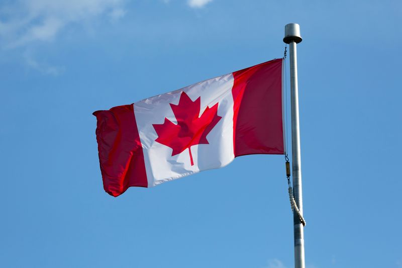 The Canadian flag on a flagpole.