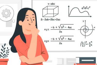 Illustration of female with a critically thinking facial expression next to math formulas in background and books on desk 