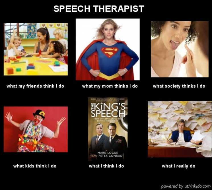 A meme describing humorous perspectives of what a speech therapist does.