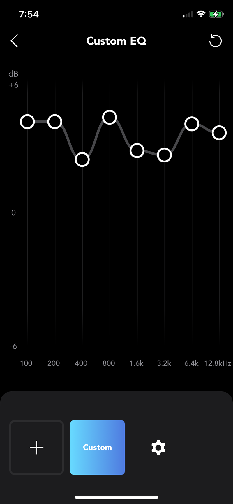 An equalizer app on a phone showing different frequencies boosted or lowered.