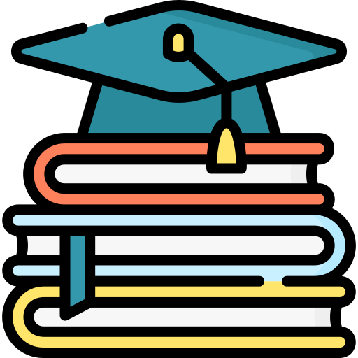 Icon of graduate cap on top of 3 stacked books